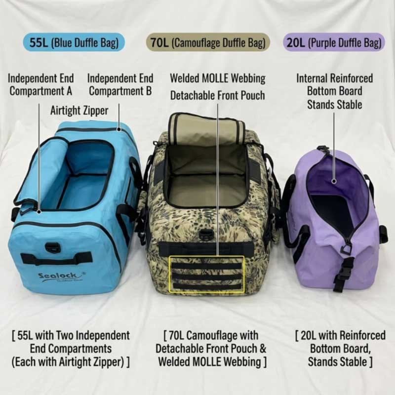 Waterproof duffel structural customization — independent sealed end compartments, detachable front pouch with welded MOLLE strips, and a reinforced base board